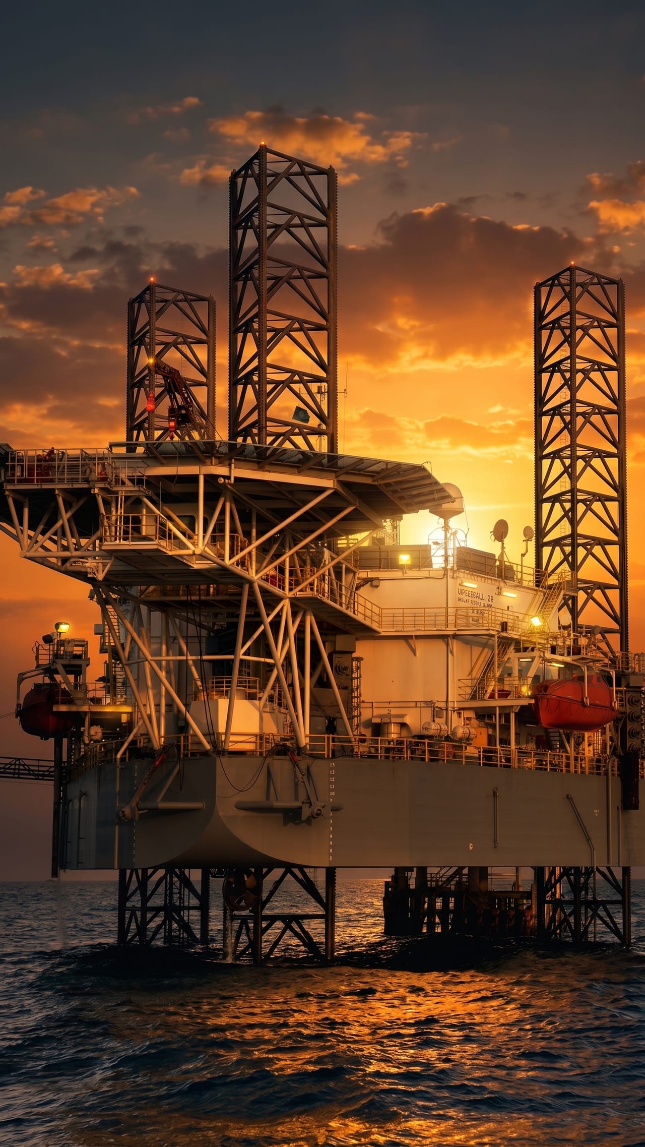 Offshore drilling platform at sunset